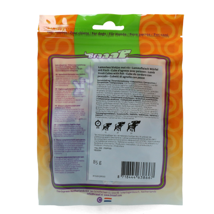Braaaf Lam Steak Cubes met vis 85 gr