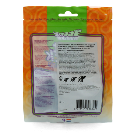 Braaaf Lam Steak Chips met vis 85 gr